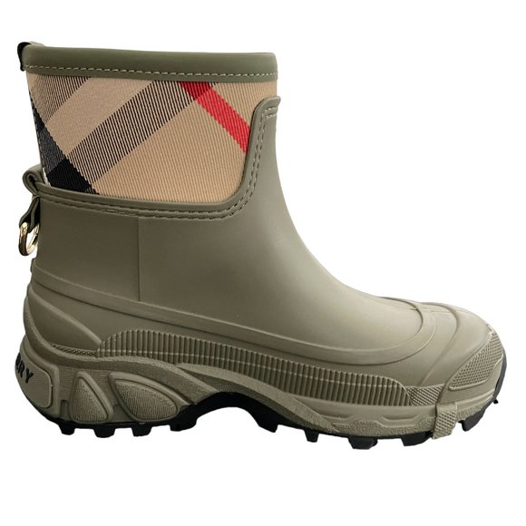 BURBERRY WOMEN'S RYAN CHECK FERN GREEN RUBBER RAIN BOOTS - Picture 1 of 16